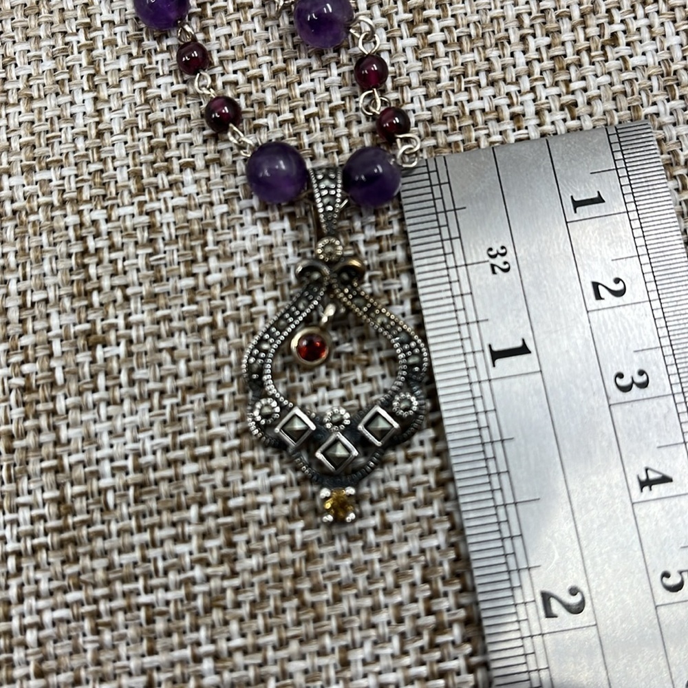 Vintage ✨ Sterling Silver Beaded Adjustable Necklace with Marcasite Pendant 💎 - Picture 10 of 14